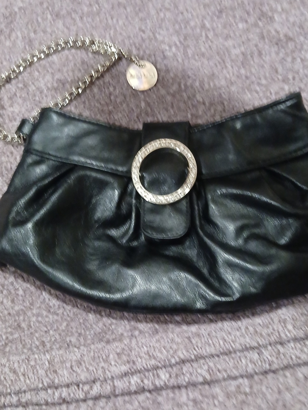 Black Leather Chain-Handle Bag with Rhinestone Ring